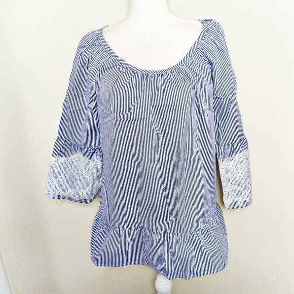 Absolutely Famous Striped Lace Detail Peasant Blouse - Picture 2 of 9